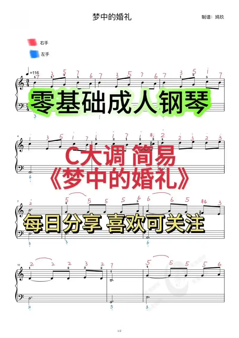 零基础钢琴谱《梦中的婚礼》78每日一首c大调简易钢琴曲 97谱