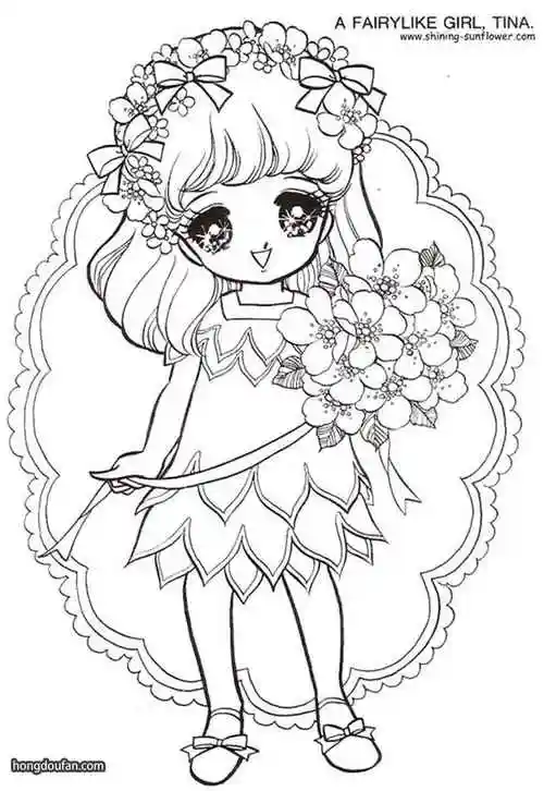 手拿鲜花的小仙子公主涂色简笔画大全