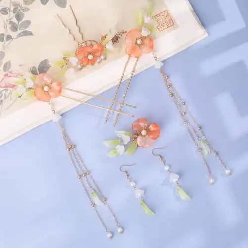 古风头饰套装海棠花汉服流苏步摇发簪发梳珍珠发饰