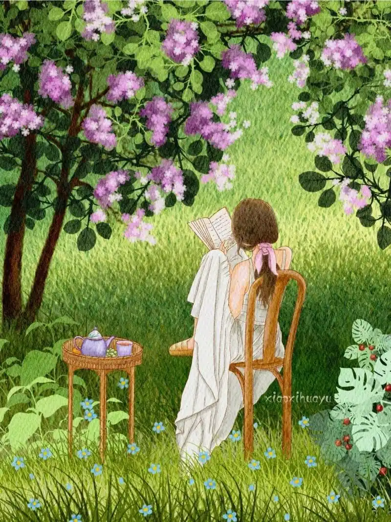 午后的时光丨小清新插画 午后的阳光,铺在草坪上,暖暖的, 花树下,一本