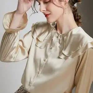 桑蚕丝长袖衬衫春夏宽松上衣双层领纯色女士真丝衬衣丝绸缎面光泽