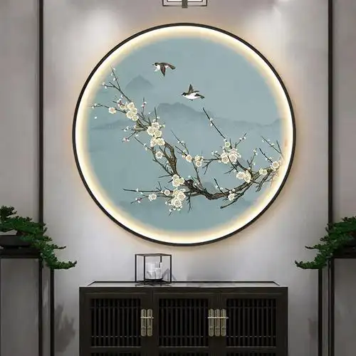 iz4a喜上眉梢新中式圆形装饰画梅花图客厅玄关挂画带灯卧室餐厅壁