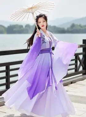 汉服女夏款仙气广袖流仙裙套装改良古风汉元素三件套显瘦渐变紫色