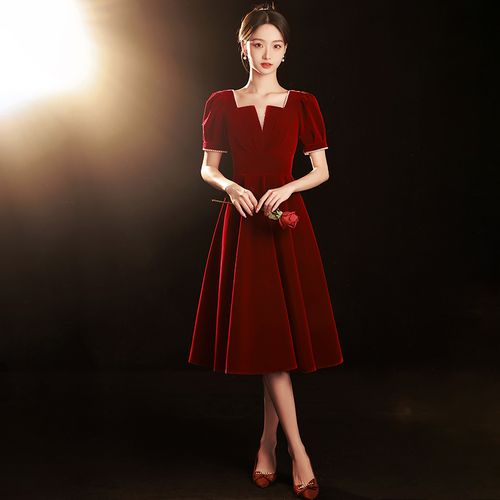 敬酒服新娘小个子夏季法式气质简约订婚礼服平时可穿酒红色连衣裙