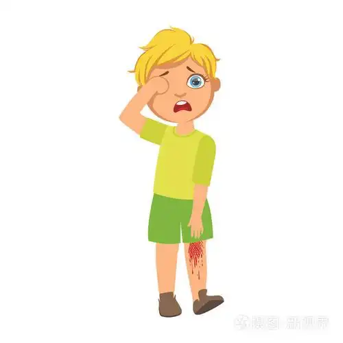 男孩与出血划伤膝盖,生病的孩子感到不适,因为生病