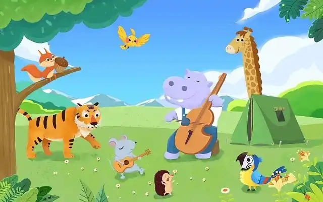 原创夏天卡通动物森林音乐会老虎松树河马长颈鹿手绘插画