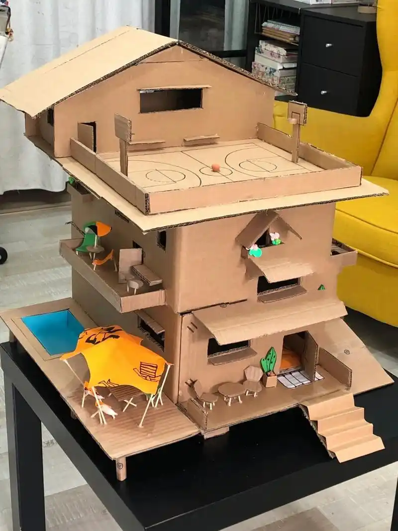 和孩子一起手工diy废纸箱制作小房子93 和孩子一起完成的科学作业