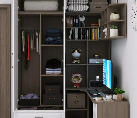 转角书柜连体组合储物衣柜一体转角小户型实木衣橱书柜加拐角梳妆台