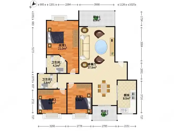 长虹蓝湾半岛3室2厅2卫127㎡南北110万