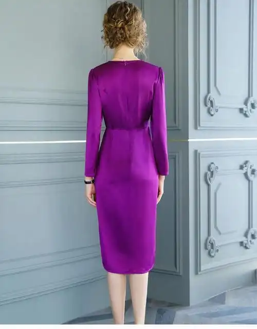 femly法曼丽春装2020款v领紫色裙子钉珠修身醋酸缎面连衣裙气质女神范