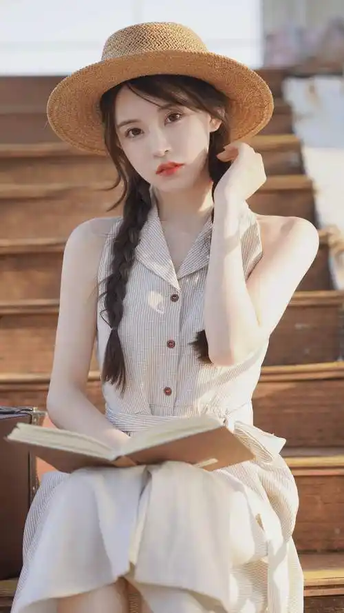 坐在楼梯台阶上的双麻花辫长裙美少女高清写真手机壁纸