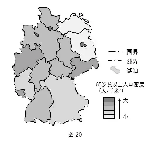 (2)描述德国老龄人口密度的分布特征,列举人口老龄化对该国可能带来的