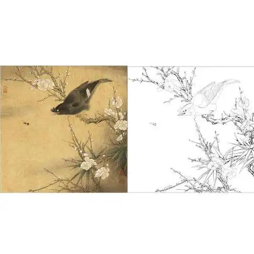 李晓明临宋花鸟作品底稿白梅花鸲鹆斗方小品册页k055