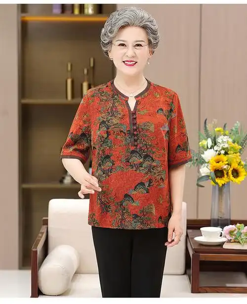 秉藜 老太太的真丝衣服胖妈妈夏装加肥加大码丝绸缎短袖上衣中老年人