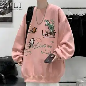 粉色卫衣男春秋冬季圆领潮牌卡通宽松百搭秋衣打底衫男生长袖t恤