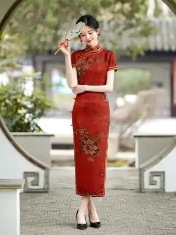 旗袍裙夏季新款复古改良时尚修身丝绸旗袍女中国风气质长款走秀旗袍