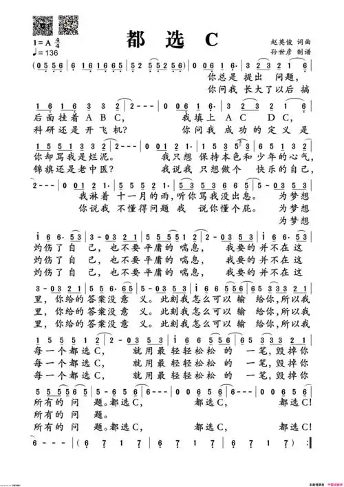 《都选c(缝纫机乐队摇滚版)》,原创歌曲简谱,通俗歌曲,国语歌曲谱