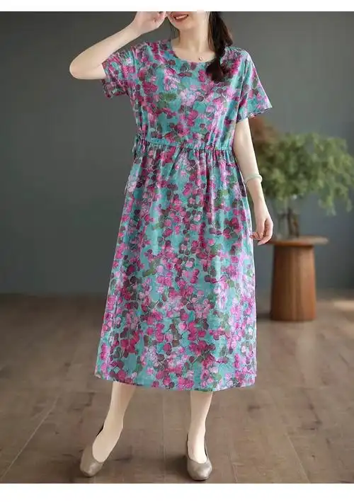 新款文艺新款棉麻碎花连衣裙女夏季薄款大裙摆复古收腰a字裙