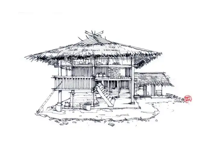 翁丁村 佤族建筑线稿