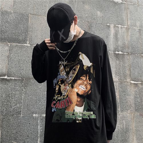 ins高街暗黑系嘻哈摇滚丧系印花bf风宽松大码斤长袖男t恤 嘻哈人物-黑
