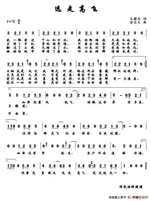 远走高飞(王耀光词 金志文曲)_简谱_搜谱网