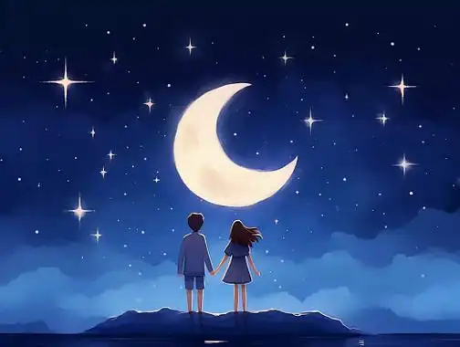 情侣牵手在夜晚欣赏星空唯美浪漫情人节爱情双人手绘插画温馨氛围感