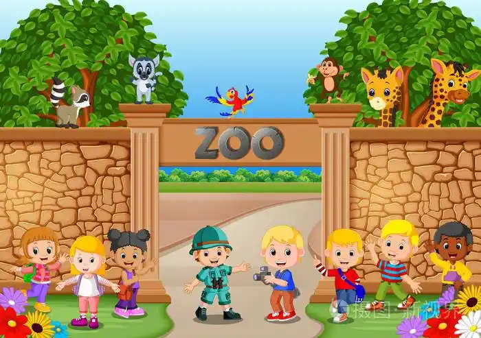 孩子们在动物园里和动物园管理员和动物玩耍