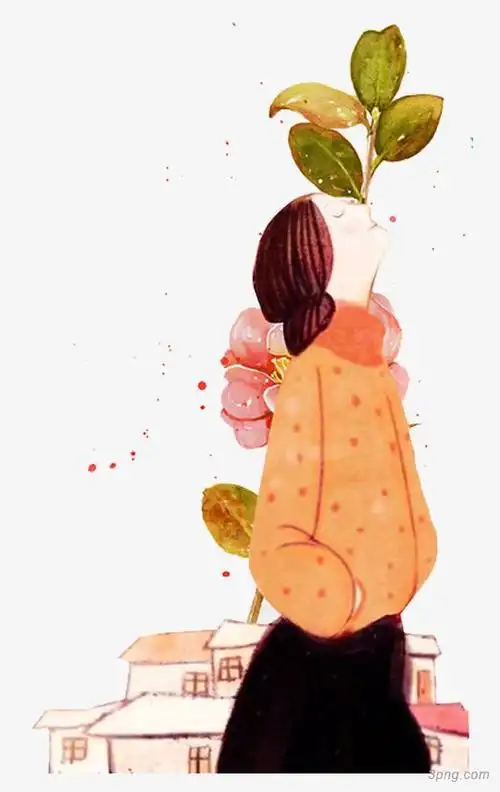 手绘闻花香的女子png素材透明免抠图片-动植人物