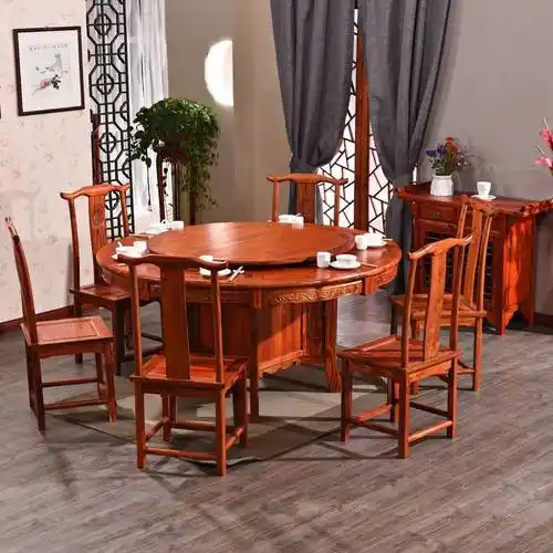 中式实木圆餐桌组合10人15人餐厅酒店榆木花电动转盘大圆桌20人