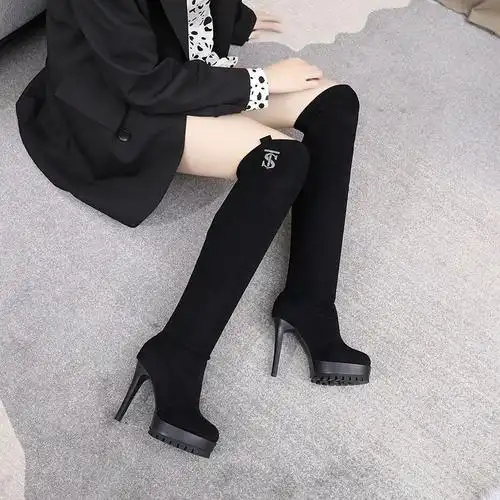 靴子女细跟长靴黑皮靴过膝靴防水台高跟春秋冬长筒显瘦性感公主靴