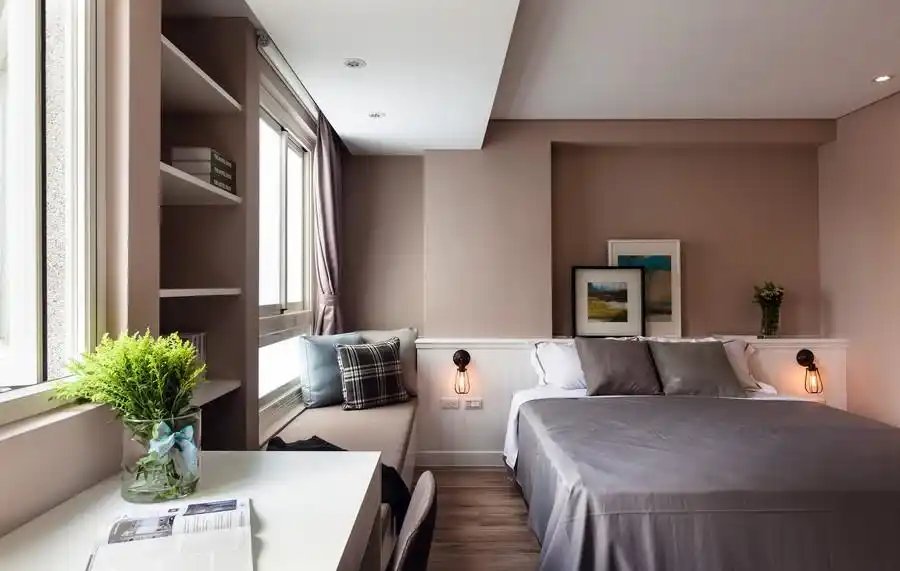 装修效果图 家居美图 优雅现代卧室浅咖色背景墙装饰