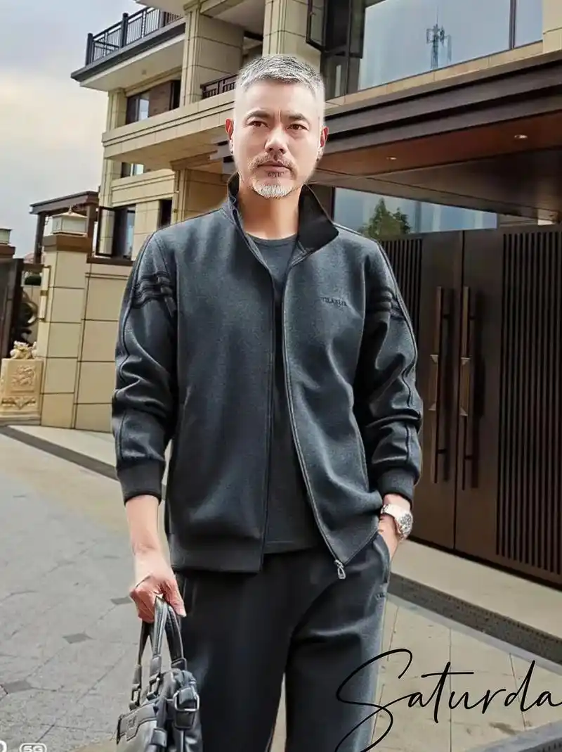 罗蒙高档爸爸春装运动套装中年男士时尚外套宽松中老年春秋休闲服