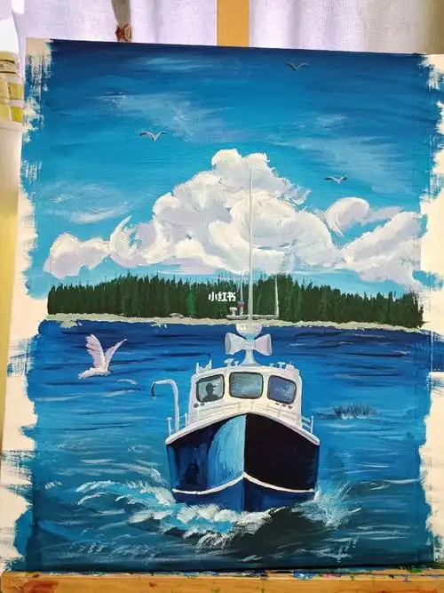 水粉画乘风破浪的轮船