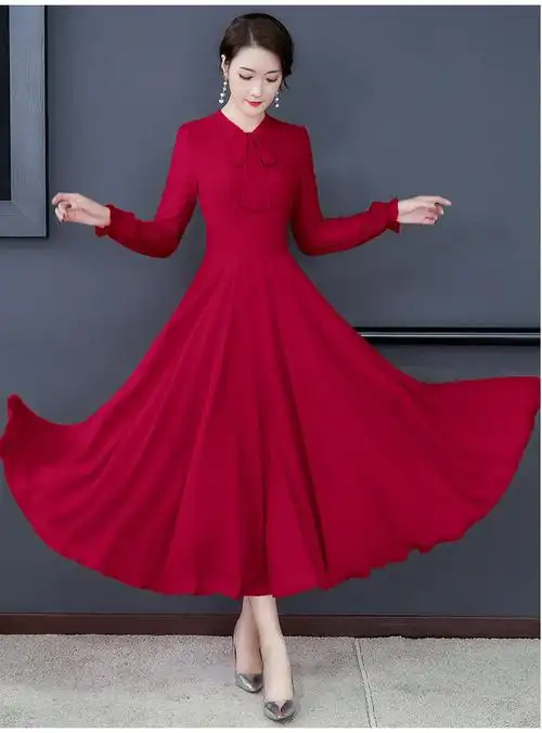 双层大摆跳舞长裙收腰显瘦长袖连衣裙女沙滩裙大码中长款裙子 黑色 m