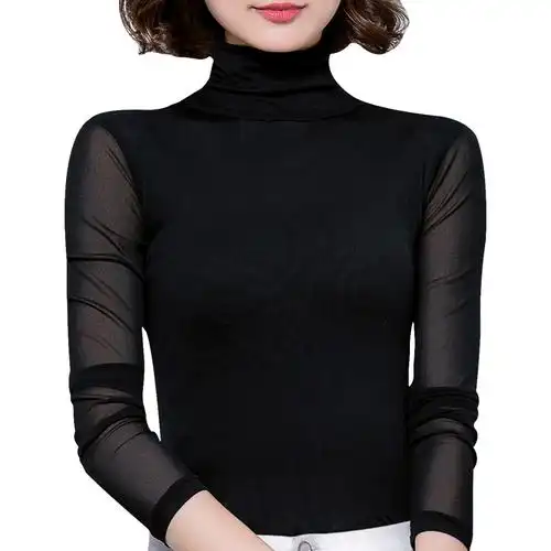 加绒加厚黑色高领网纱打底衫女长袖t恤洋气秋冬显瘦小衫百搭上衣