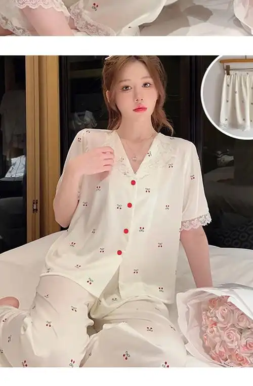 福盛(官图)春秋夏季丝绸冰丝女睡衣短袖家居服樱桃仿真丝三件套装