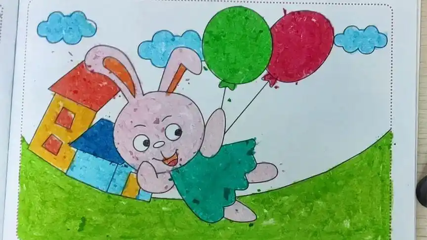 儿童色彩画启蒙教程,幼儿学画画,填色,玩气球的小兔子