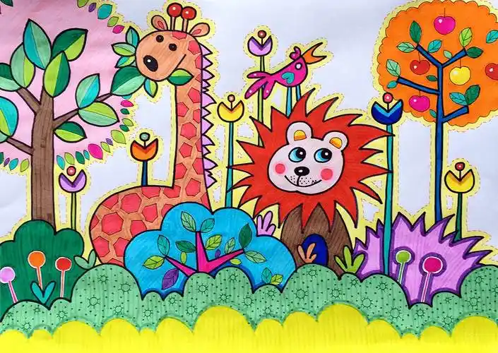 欢乐森林少儿画水彩画作品,创建绿色森林城市图画,创建绿色文明快乐的