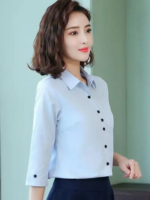 半袖白色衬衫女时尚洋气纯棉中袖职业装显瘦休闲七分袖衬衣百搭寸