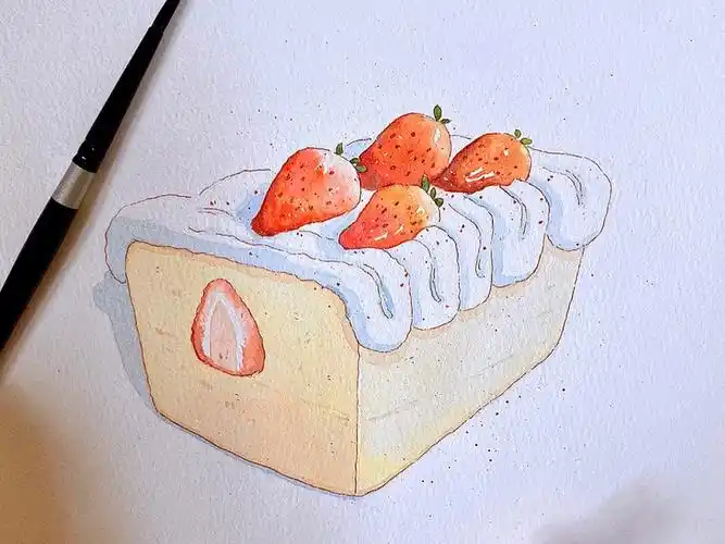 钢笔淡彩草莓奶油蛋糕附线稿