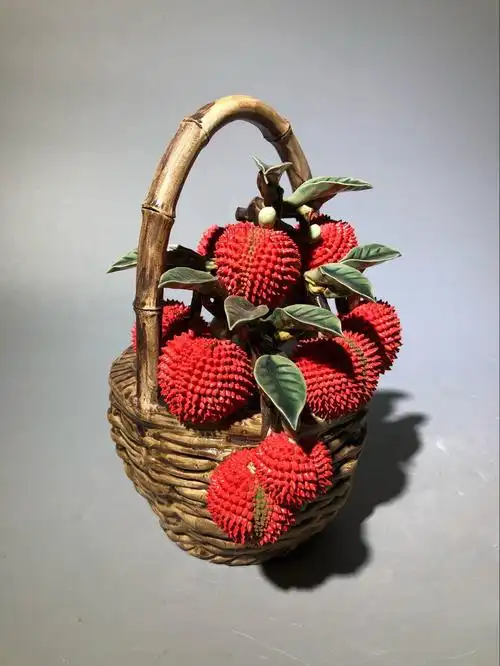 风水招财客厅书房摆件荔枝果篮  尺寸:15*(咨询特价)        石湾陶塑