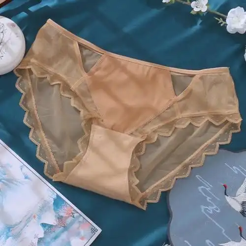 宫廷复古风高品缎面网纱拼接性感内裤女蜜桃臀半透明镂空女内裤