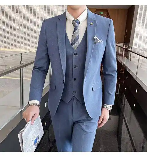 青少年高中生成人礼服西装淡浅蓝色男套装结婚礼服休闲装新郎西服男