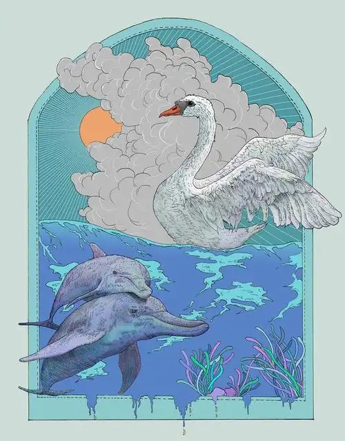 白天鹅with小海豚|插画|创作习作|yueshaoart - 原创作品 - 站酷
