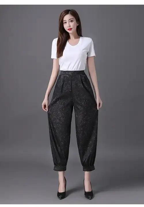 7001实拍 夏季真丝香云纱灯笼裤宽松大脚花色桑蚕丝长裤大码裤子