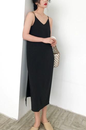 吊带雪纺裙连衣裙女春夏中长款开叉v领宽松内搭打底长裙外穿裙子