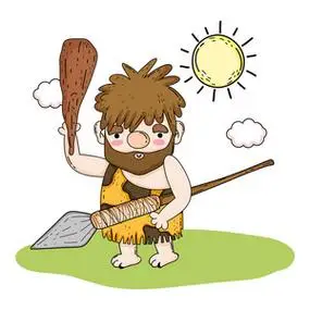 原始人用矛和槌进行狩猎照片