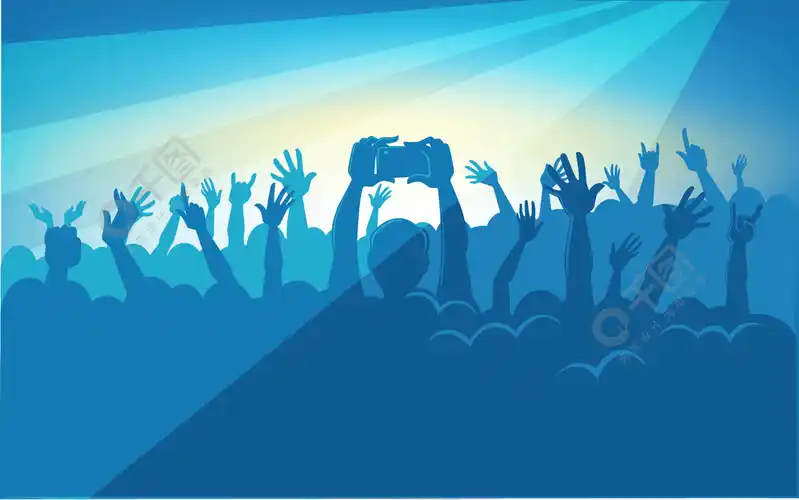 在音乐会卡通平面矢量插图中大量人群中的人类剪影举起双手在五颜六色