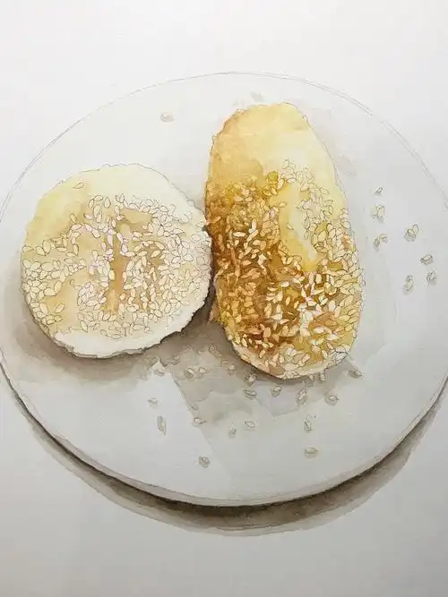 水彩金陵美食> 鸭油酥烧饼