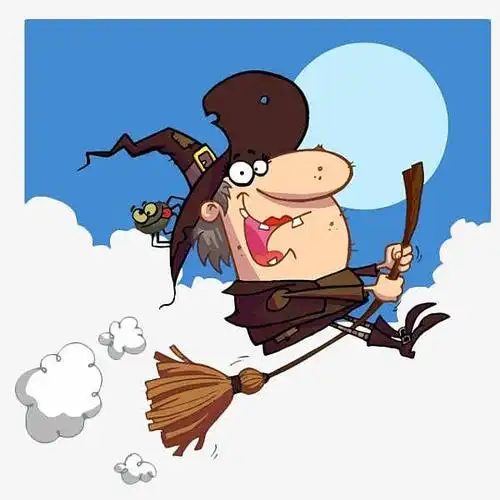 卡通骑着魔法扫帚的巫婆